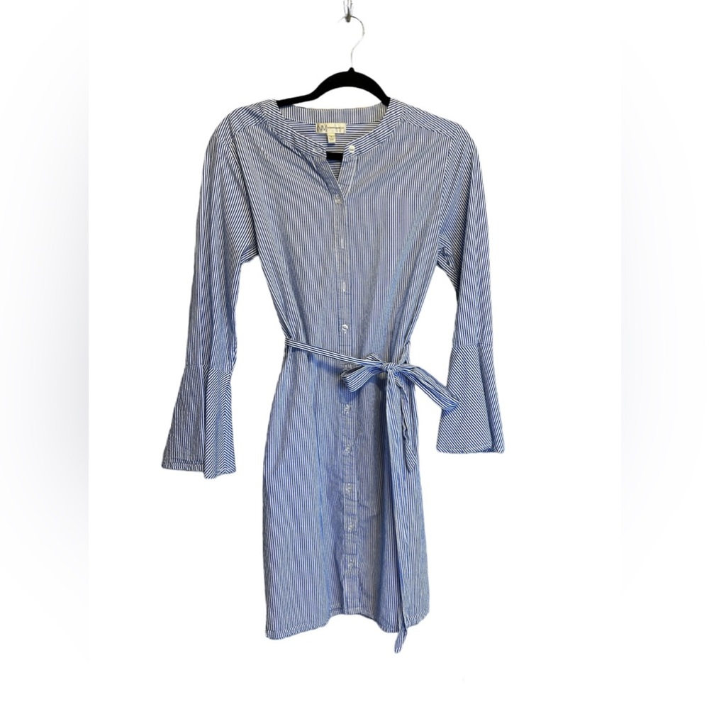 Neiman Marcus Pinstripe Bell Sleeve Cotton Dress Large